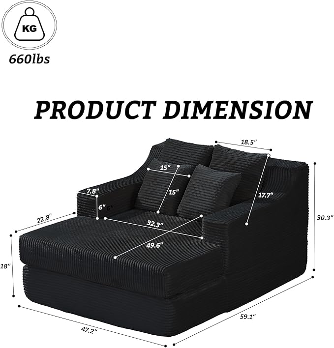 47" Boneless Chaise Lounge Chair Indoor,No Assembly Single Sleeper Upholstered Boneless Couch with 4 Pillows,Comfy Pet Friendly High Weight Capacity Foam for Bedroom,Living Room,Study Room,Black