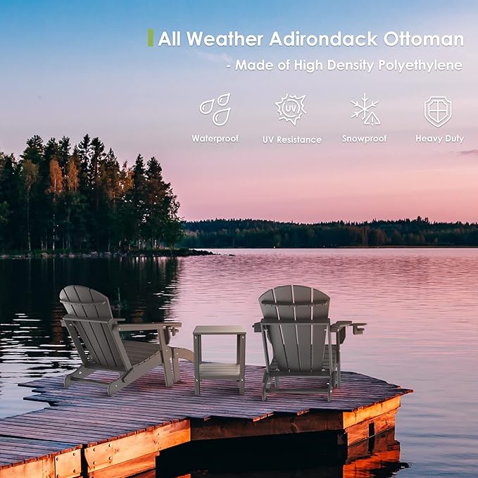GREENVINES Adirondack-Ottoman | HDPE Plastic | Outdoor Footrest | All Weather | Foot Rest | Foot Stool | Grey | for Adirondack Chair | for Patio Backyard Pool