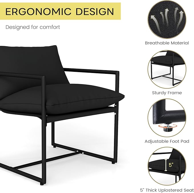 Kromax Sling Accent Chair, Cozy Living Room Chairs, Square Metal Frame, Upholstered Soft Cushion, Sponge, 28" x28“x32, Easy Assembly, Black