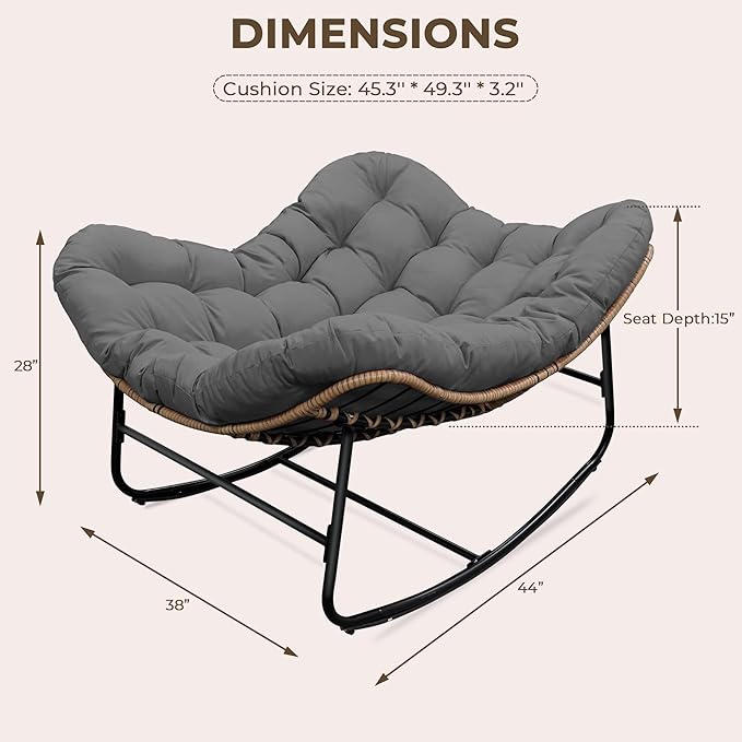 Sgentle Papasan Rocking Chair for Outdoor & Indoor, Oversized Patio Rocking Chair with Cushions & Steel Frame, Wicker Egg Lounge Chair, Comfy Reading Chair for Patio, Deck, Porch (Grey, Style 2)