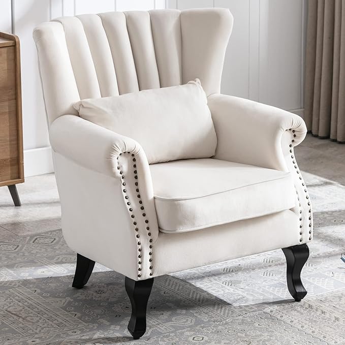 LZAREAL Accent Reading Arm Chairs Midcentury Modern Comfy Corner Sofa Chair, Wingback Waiting Room Club Chair with Tufted Back for Living Room/Bedroom/Reception Room, Velvet Cream