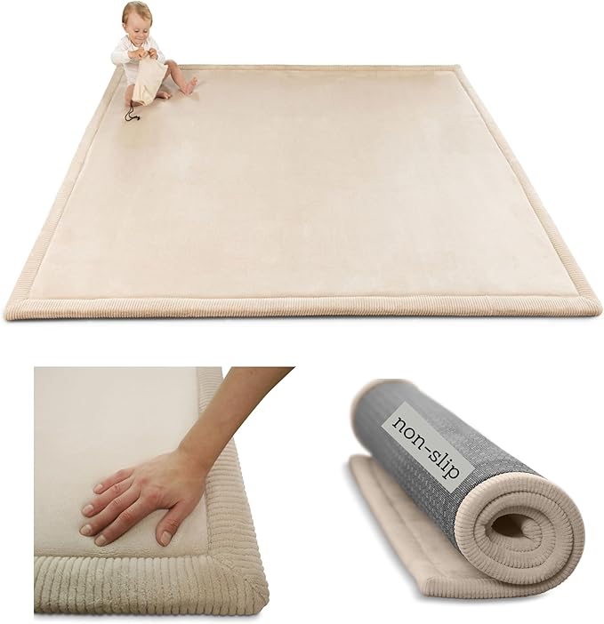 Hakuna Matte CloudSoft Baby Play Mat for Floor 60" x 80" Beige – Coral Velvet Memory Foam Rug for Crawling & Cozy Play – Non-Slip, Water-Resistant, Easy-CareTummy Time Mat, Playmat for Playpen