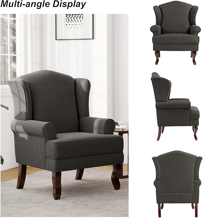 DREAMSIDEA Accent Chair, High Back Upholstered Armchair with High Resilience Sponge & Wood Legs, Mid-Century Modern Comfy Single Sofa Reading Chairs for Living Room, Bedroom (Dark Grey, Set of 2)