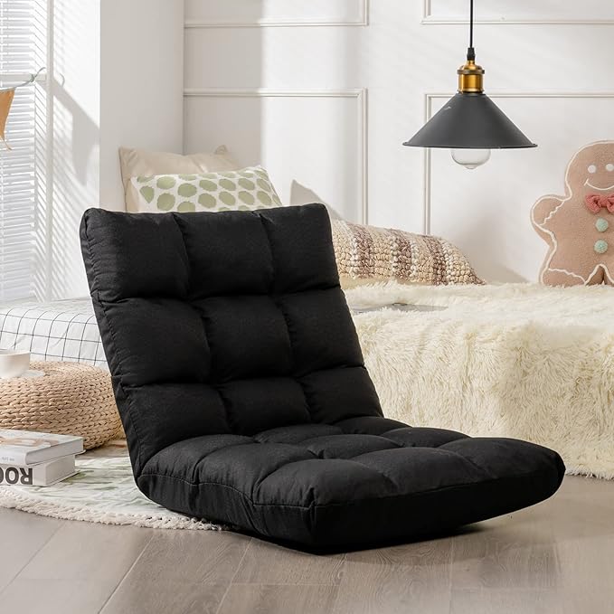Giantex Floor Sofa Chair Video Gaming Chair with 14 Adjustable Position, Padded Back Support Floor Cushioned Seat, Folding Lazy Chair for Meditation, Reading, Watching, Living Room Recliner(Black)