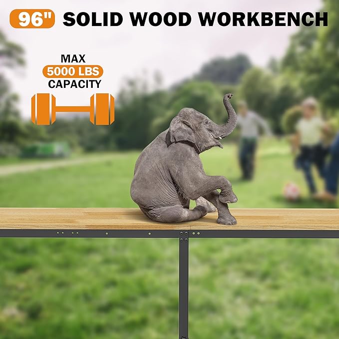 Betterhood 96" Adjustable Workbench, 5000 LBS Heavy Duty Work Table with Power Outlets & Pegboard, Rubber Wood Workstation for Garage, Workshop, Office, Home, Commercial