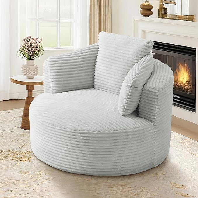 48"W Oversized Round Chaise Longue Chair Indoor,Corduroy Fluffy Comfy Cloud Chair,Circle Bean Bag Sofa with Foam Filling & Pillows,Boneless Reading Cozy Sofa Chairs for Living Room,Bedroom,Light Grey