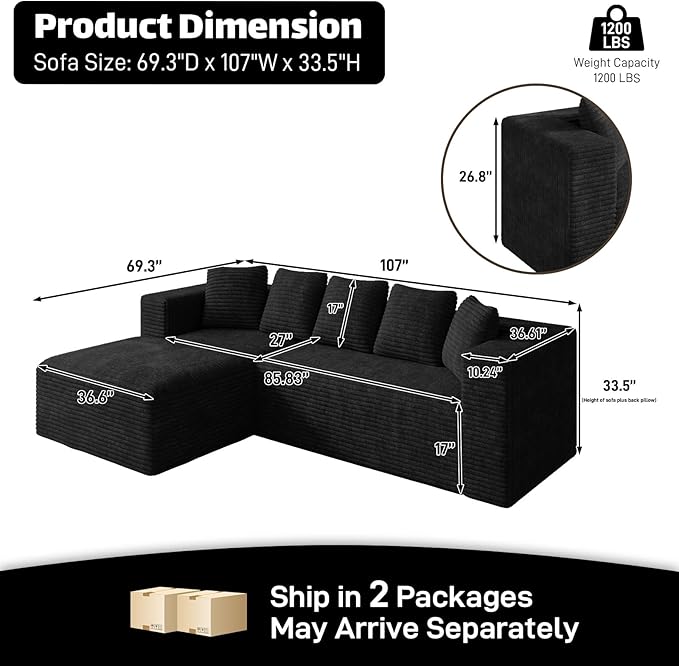 Modular Sectional Sofa, 107" L Shaped Cloud Couch Plush Corduroy Deep Seat Boneless Sofas with 5 Pillows Long Chaise Lounge Couches Memory Foam for Living Room - Black, Left Facing Chaise