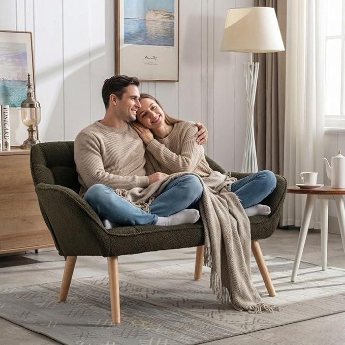 48" Green Small Loveseat Sofa, Comfy Faux Fur 2-Seat Love Seat with Wood Legs, Modern Tufted Wingback Upholstered Sofa Couch for Small Space Living Room Bedroom Apartment