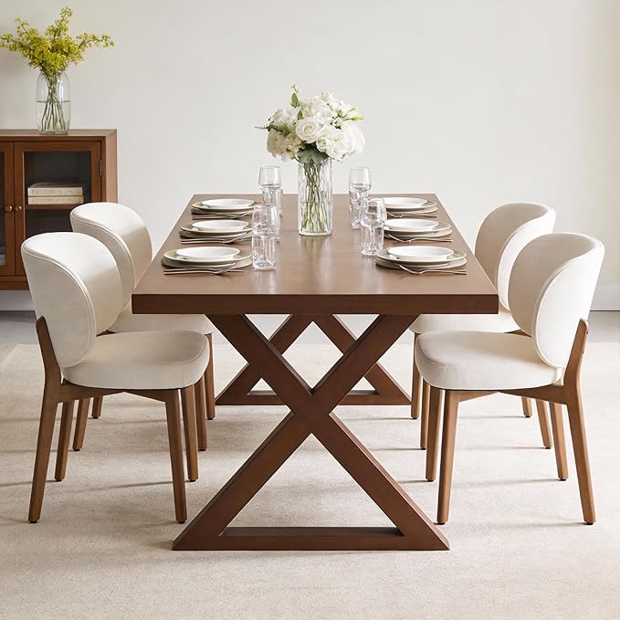 YOUNUOKE Upholstered Dining Chairs Set of 4, Modern Chenille Fabric Dining Room Chair with Wood Legs, Widen Backrest Comfy Armless Side Kitchen Chairs, Beige