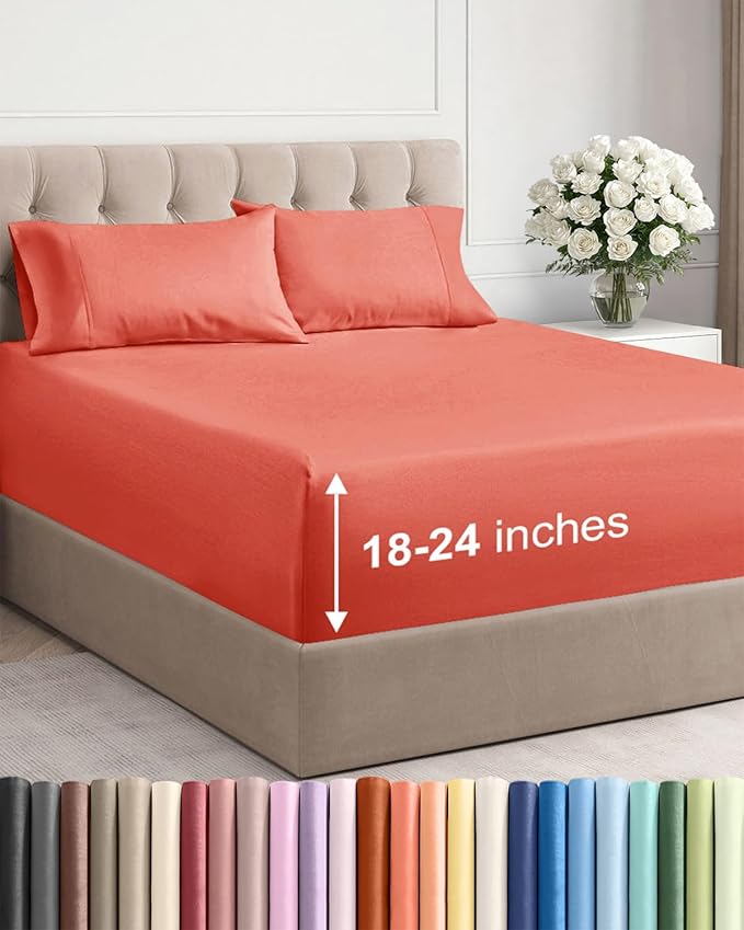 Extra Deep Pocket Cal King Sheets - 4 Piece Breathable & Cooling Bed Sheets - Hotel Luxury Bed Sheet Set - Soft, Wrinkle Free & Comfy - Easily Fits Extra Deep Mattresses - Deep Pocket Coral Sheets Set