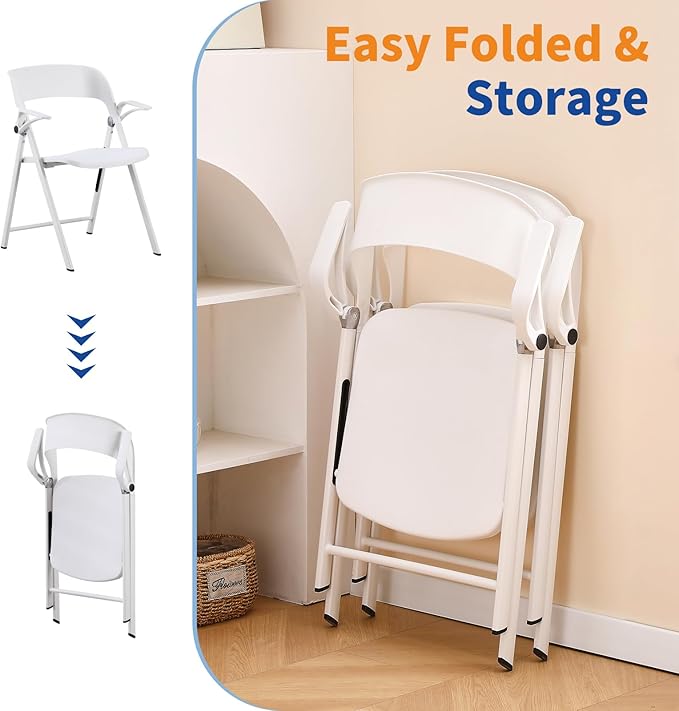 White Office Chair with Arms, Plastic Folding Chairs, Comfort Stackable Dining Chairs,Portable Foldable Chair with Steel Frame for Indoor, Outdoor, Wedding, Party, Lawn, Yard, Beach, 2Pack