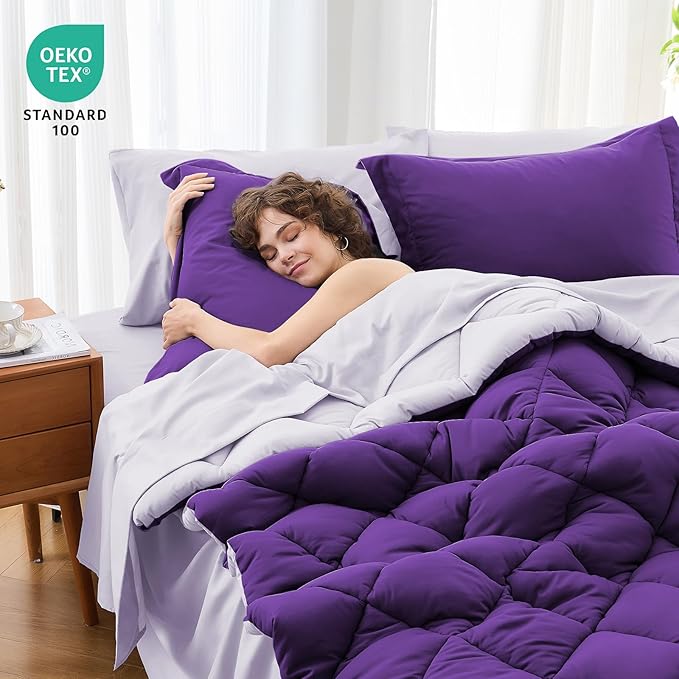 MUXHOMO 5 Pieces Twin XL Comforter Set, Reversible Bed in a Bag Twin XL Size, All Season Bedding Set with Comforter, Flat Sheet, Fitted Sheet, Pillowcases & Shams, Purple & Lavender