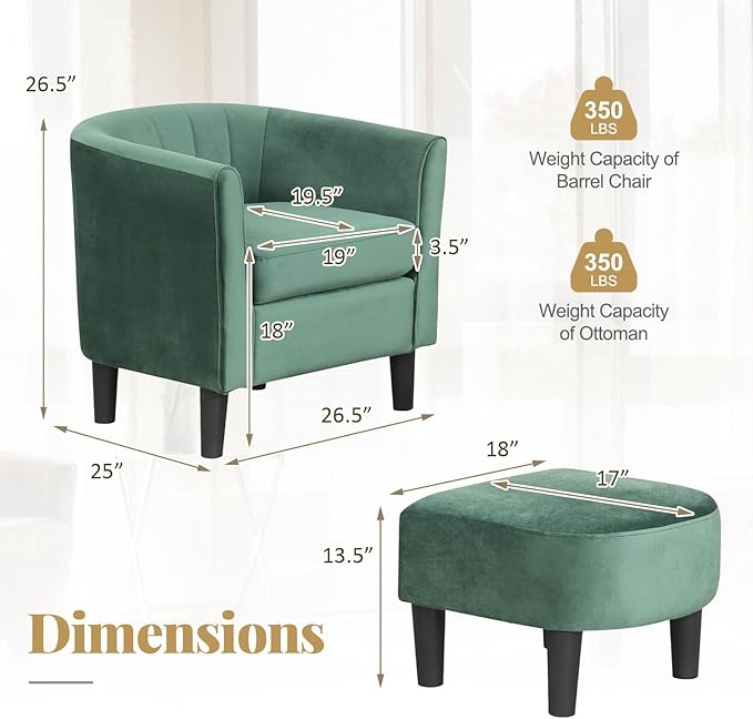 GOFLAME Accent Chair with Ottoman, Modern Velvet Fabric Barrel Chair with Footrest, Curved Backrest, Removable Seat Cushion, Upholstered Club Tub Sofa, Reading Armchair for Living Room, Bedroom, Green