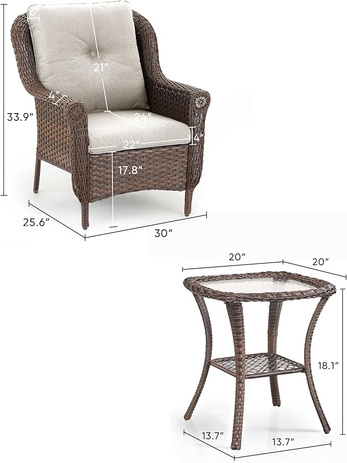 ACTREST 3 Piece Patio Brown Wicker Chairs with Side Table - Outdoor High Back Heavy Duty All-Weather Lawn Dining Rattan Chair Conversation Bistro Set for Deck Porch Balcony Backyard Garden - Beige