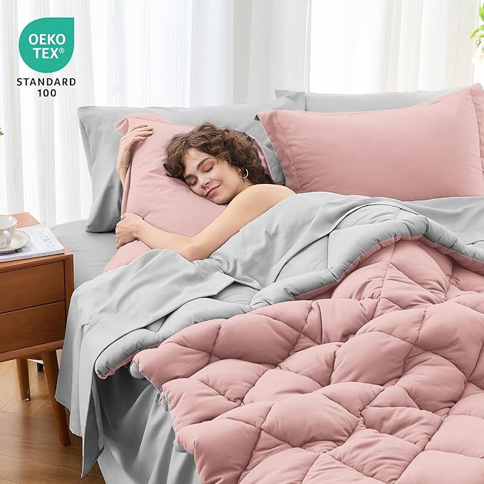 MUXHOMO 7 Pieces King Comforter Set, Reversible Bed in a Bag King Size, All Season Bedding Set with Comforter, Flat Sheet, Fitted Sheet, Pillowcases & Shams, Pink & Light Grey