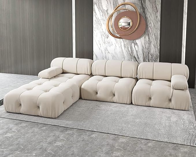 JACH L-Shaped Sectional Couch, 104'' Minimalist Velvet Floor Sofas Couches, Mid-Century Modular Sectional Sofa with Reversible Chaise Ottoman for Living Room, Apartment (3-Seat, 1 Ottoman, Beige)