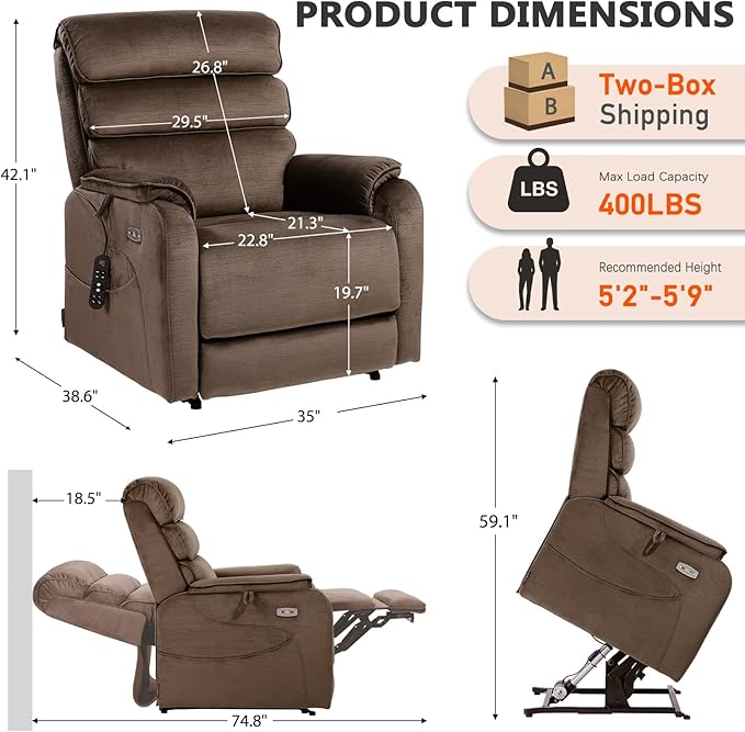 EONIX Dual Motor Lay Flat Power Lift Recliner Chair for Elderly, Chenille Fabric Electric Lift Chairs for Adults, 400lbs Heavy Duty Power Recliner with Heat Massage Charging Ports, Chenille Brown