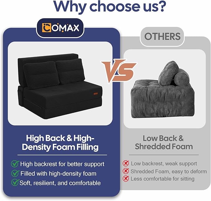 COMAX Folding Sofa Bed, Foldable Couch for Bedroom, Convertible Floor Sleeper Futon Chair Foam, Corduroy 3 in 1 Fold Out Chair Portable Comfy Lounge Couch Sofa Bed for Small Space, Twin, Black