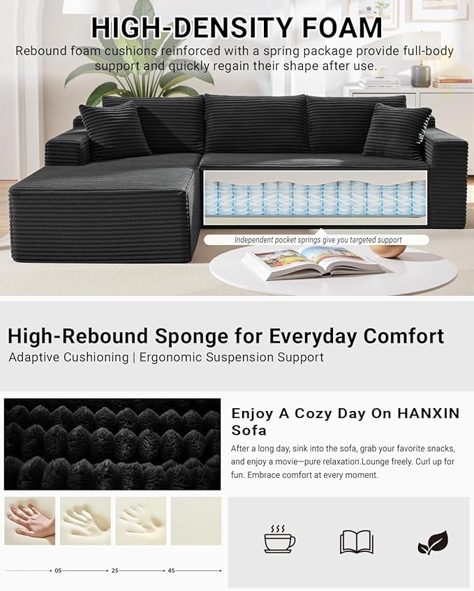 105 Inch Cloud Sectional Couch,Modern Modular Sectional Sofa with Deep Seat,Corduroy Boneless Couches with L-Shape Chaise for Living Room Bedroom,No Assembly Required (Black, Left Facing Chaise)