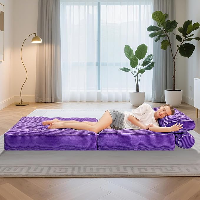HABUTWAY Folding Sofa Bed, Convertible Sleeper Chair Bed w/Dual-Pillow & Handle, Foldable Floor Sofa Lounge w/Back Support for Living Room, Bedroom, Apartment, Office, Single, Purple