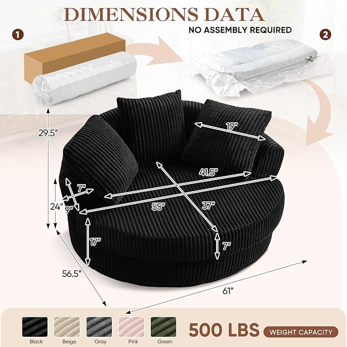 61"W Oversized Round Chaise Lounge Chair Indoor, Upholstered Corduroy Large Circle Boneless Chair with Deep Seat, No Assembly Required, Modern Comfy Cloud Sofa Chairs for Living Room, Bedroom(Black)