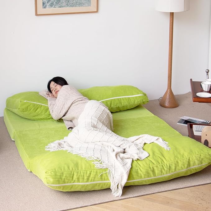 N&V Folding Matress Sofa Bean Bag Bed, Foam Filling Folding Matress Sofa, includes Removable and Machine Washable Cover, Soft Premium Corduroy (Large, Lime)