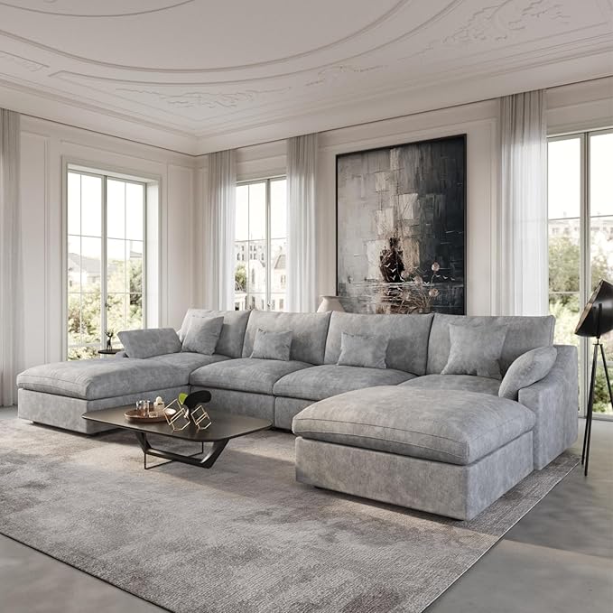Cloud Couch Modular Sectional Sofa,156" U Shaped Large Down Filled Convertible Sofa with Ottomans for Living Room Set, Covers Washable&Replaceable(Gray)
