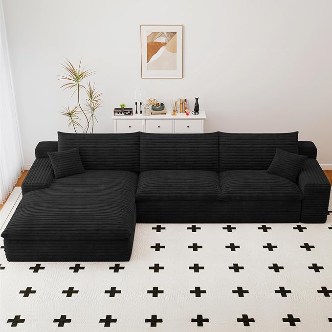 107" Cloud Sectional Couch with L-Shape Chaise, Modern Corduroy Viral Boneless Sofa for Living Room,Memory Foam Couches in a Box with Deep Seat,No Assembly Required (Jet Black,Left-Facing Chaise)