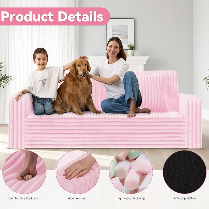 HABUTWAY Folding Sofa Bed, 2 in 1 Convertible Sleeper Chair with 2 Pillows, Portable Fold Out Chair Bed with Armrest, Comfy Floor Couch, Lazy Sofa for Living Room Bedroom Dorm Home Office, Pink