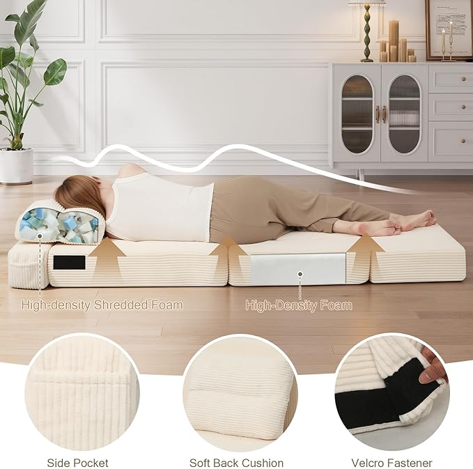 COMAX Folding Sofa Bed, Foldable Couch for Bedroom, Convertible Floor Sleeper Futon Chair Foam, Corduroy 3 in 1 Fold Out Chair Portable Comfy Lounge Couch Sofa Bed for Small Space, Single, Beige