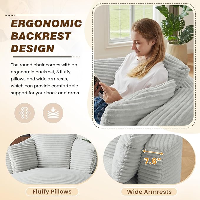 48"W Oversized Round Chaise Longue Chair Indoor,Corduroy Fluffy Comfy Cloud Chair,Circle Bean Bag Sofa with Foam Filling & Pillows,Boneless Reading Cozy Sofa Chairs for Living Room,Bedroom,Light Grey