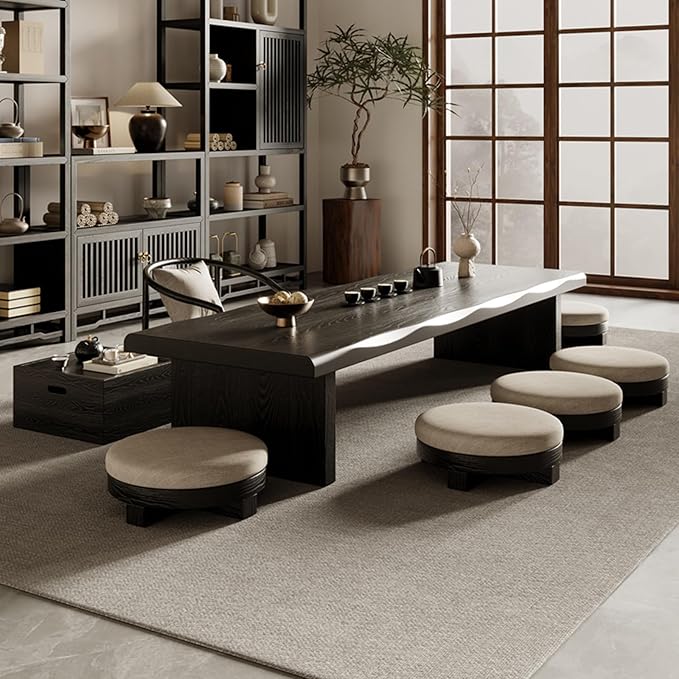 Solid Wood Japanese Tea Table, Simple and Modern Low Design, Tatami Tea Style, Zen-Inspired Kotatsu, Bay Window Seating, Floor Style (Black, 200 * 60 * 35cm)