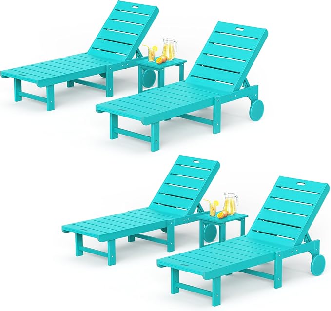 Outdoor Chaise Lounge Chairs with Table, 6-Piece, 26.8” Super Wide Lounge Chair Outdoor, HDPS Pool Chairs with 5 Positions, Patio Lounge Chair with Wheels for Pool,Lawn,Backyard, Aruba Blue