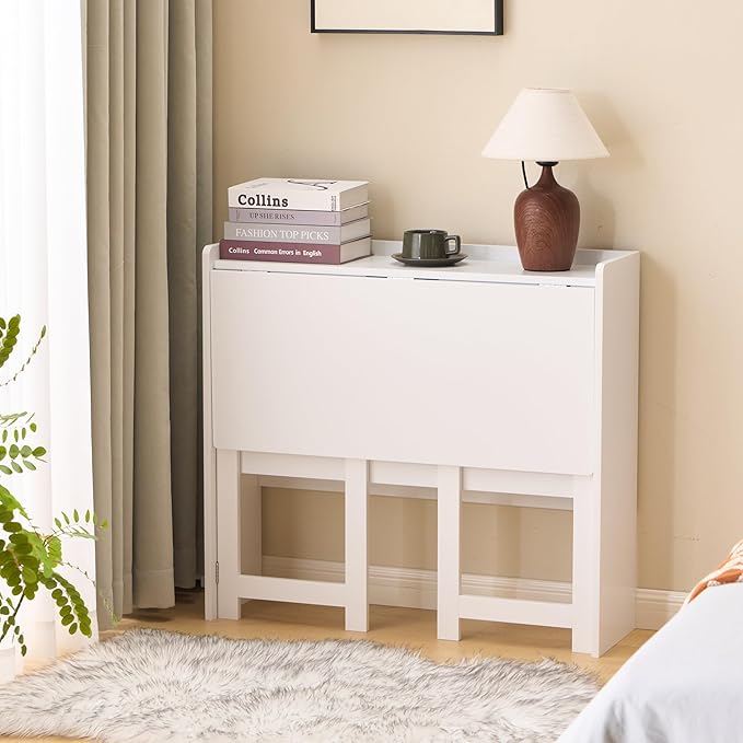 KEIKI 32.6" Folding Table with Storage Shelf, Foldable Computer Desk for Small Spaces, Space-Saving Study Table for Bedroom Home Office Dorm and Apartment, Ancient White