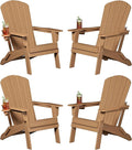 Plawdlik Folding Adirondack Chair, SGS Tested, Wooden Textured with Cup Holder, Heavy All-Weather HDPE Comfortable Set Poolside Backyard Lawn Teak Set 4
