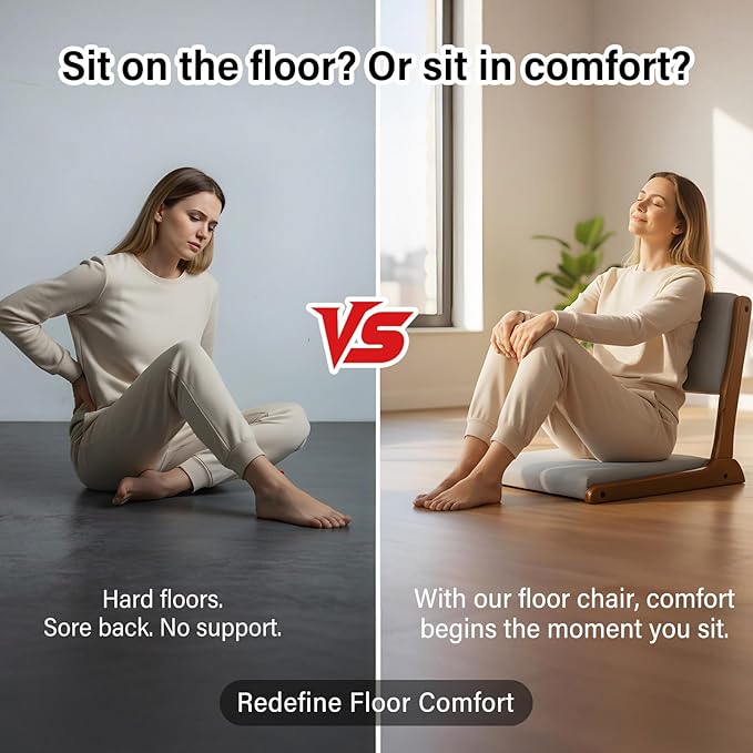 Tiita Foldable Tatami Chair, Japanese loor Chair, Wood Legless Back Rest Chairs with Cushion, Accent Meditation Floor Chairs Bay Window, Walnut Grey