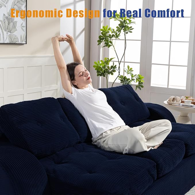 MeMoreCool Convertible Floor Sofa Couch – 3-Seater Sleeper with Tufted Cushions, Navy Corduroy Modular Foam | Cloud Couch for Living Room & Bedroom | No Assembly | Soft Ergonomic Support