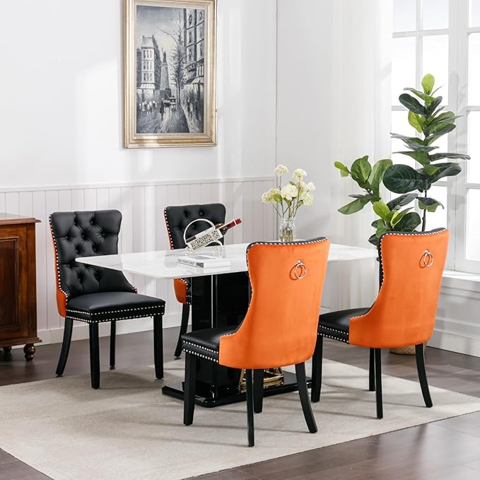 YeahFurn Modern Dining Chairs Set of 2, Tufted Upholstered Dining Room Chairs with Nailhead, PU Leather Front & Velvet Back, Solid Wood Legs, Kitchen Chairs, Sillas de Comedor (Black & Orange)