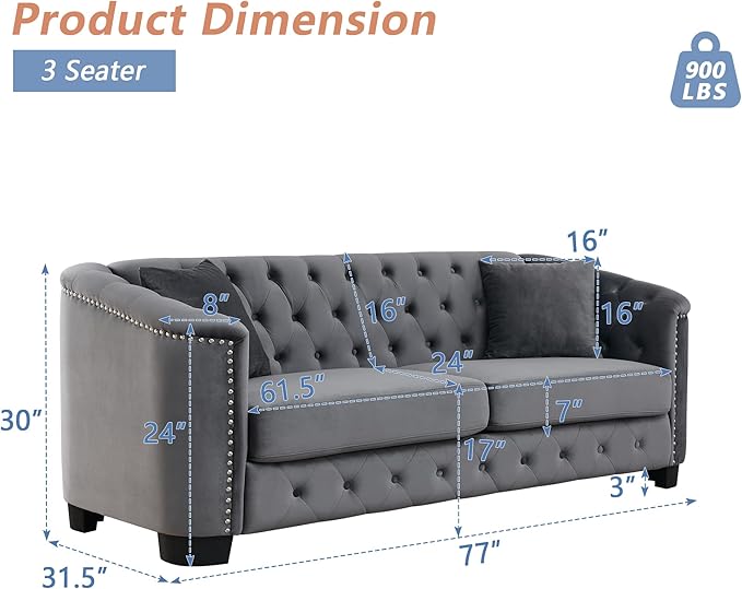 mikibama Modern Chesterfield Velvet Sofa, 77 Inch Sectional Sofa, Luxury 3 Seater Upholstered Tufted Couch with Nailhead Arms and 2 Pillows for Living Room, Bedroom, Apartment(Grey)
