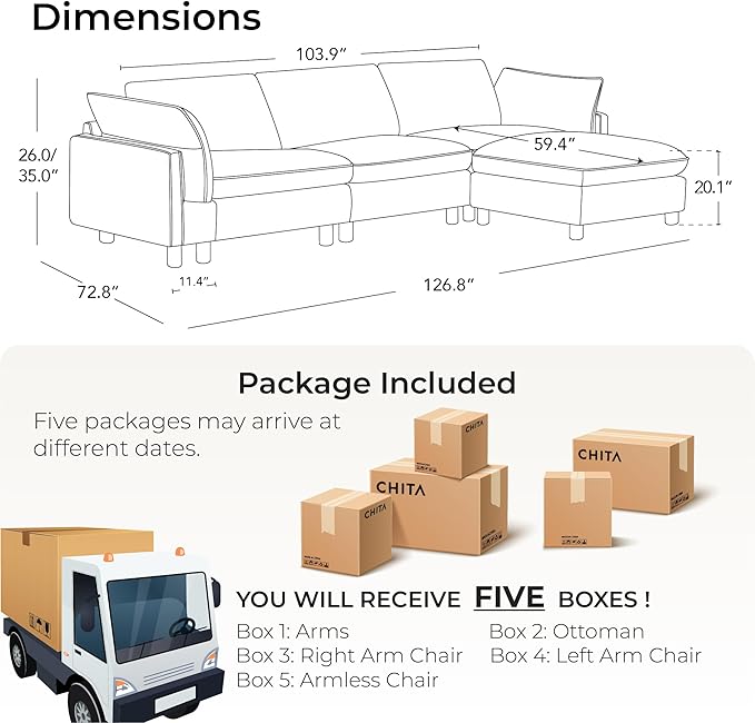 CHITA 127" Super Large Sectional Couches for Living Room, Modular Cloud Couch Sectional Sofa, Premium Genuine Leather Sofa, Down Filled, High Density Foam, Real Leather in Saddle, 4 Seat L Shaped