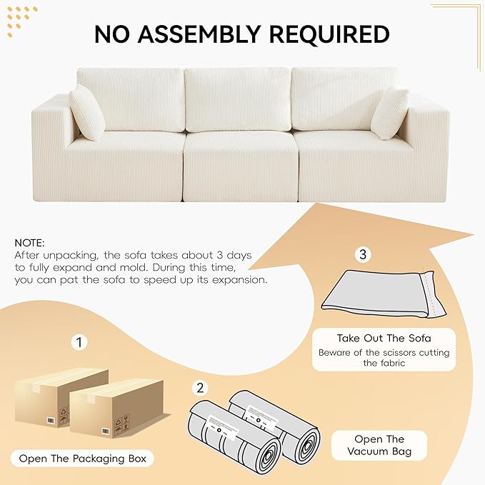 115'' Comfy Boneless Couch, Upholstered Deep Seat Modular Cloud Sofa, No Assembly Corduroy Compression 3 Seater Sofa Couch for Living Room, Beige
