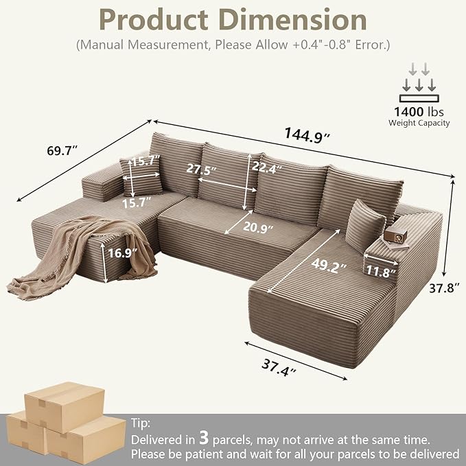 Sectional Cloud Couch for Living Room, Stupendous U Shaped Sofas, Modular Floor Deep-Seat Sofa, Big Comfy Corduroy Couches Set with Fluffy Memory Foam, No Assembly Required, Camel