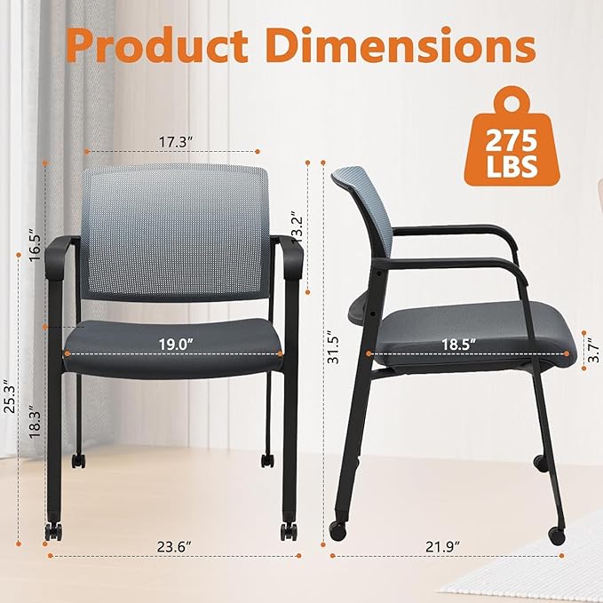 CLATINA Rolling Conference Room Chairs, 1 Pack Stackable Conference Room Chairs with Wheels and Paddle, Ergonomic Mesh Back and Arms for Meeting, Conference, Training Room & Home Office (Grey)