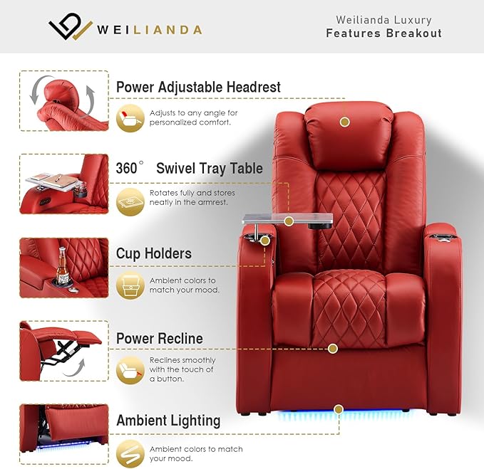 Weilianda Home Theater Seating Top Grain Leather Zero Gravity Recliner Chair Power Headrest Recline Movie Seat Gaming 7 Colors Mood Light Sofa with Tray Table USB Charge Row of 3 Loveseat Left Red