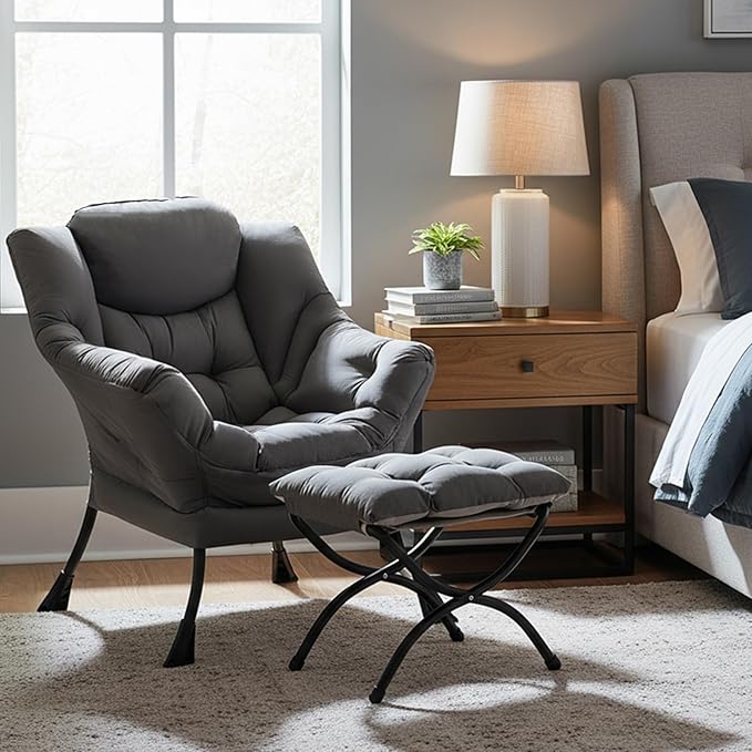 Tiita Lazy Chair, Modern Large Accent Lounge Armchair, Comfy Leisure Sofa Reading Chair for Bedroom, Living Room, Dorm Rooms, Garden and Courtyard, Dark Grey