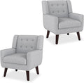Accent Chairs Set of 2, Mid-Century Modern Upholstered Living Room Armchair, Comfy Linen Fabric Single Reading Arm Chair with Tufted Back and Wood Legs for Bedroom, Club (2, Light Grey)