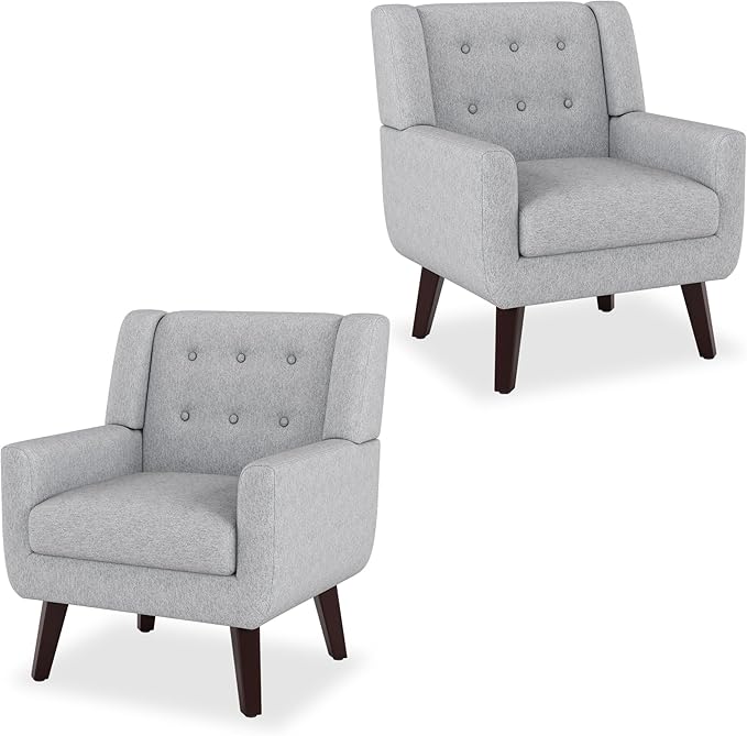 Accent Chairs Set of 2, Mid-Century Modern Upholstered Living Room Armchair, Comfy Linen Fabric Single Reading Arm Chair with Tufted Back and Wood Legs for Bedroom, Club (2, Light Grey)
