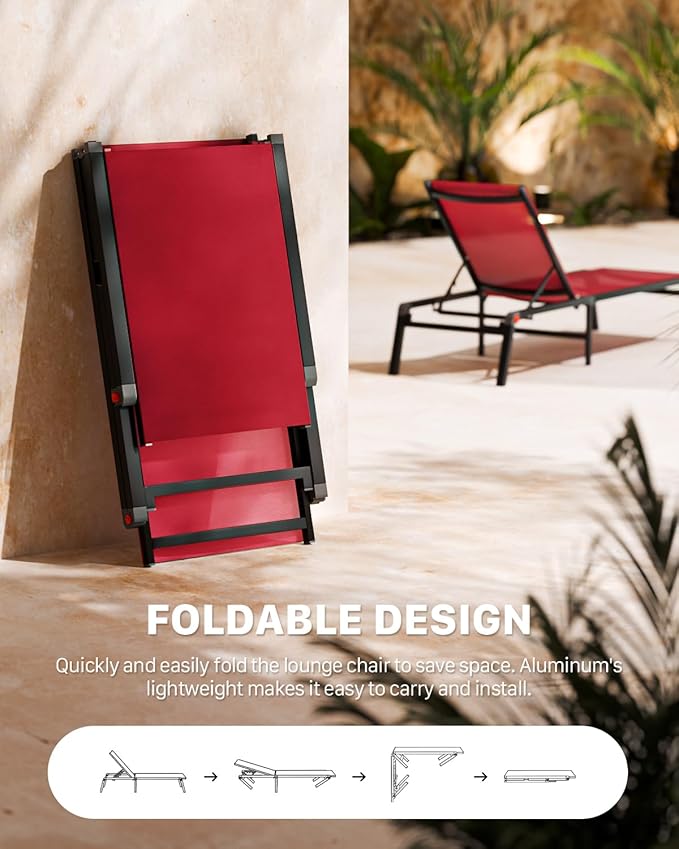 WOAJNQO Aluminum Patio Chaise Lounge Chair Set of 2 with Side Table,5-Position Adjustable Backrest,Foldable Lounge Chair Outdoor,Pool Lounge Chairs for Poolside,Lawn,Deck,Beach (Red, 2 Pack+Table)
