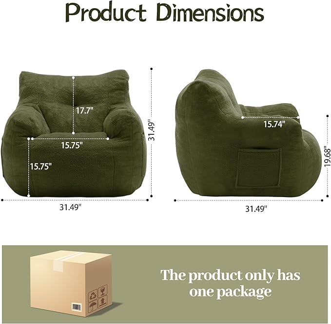 Bean Bag Chair, Comfy Bean Bag Sofa with Armrests & Back Support, Shredded Foam Filled Floor Couch for Adults, Fluffy Cloud Chair for Bedroom/Dorm/Reading, Single, Green
