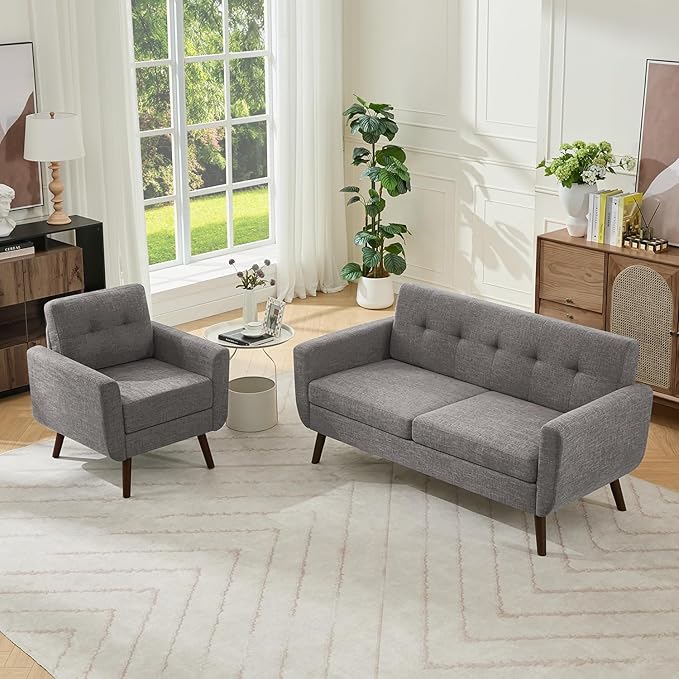 Tbfit Mid Century Modern Sofa Couch, Gray, Loveseat & Accent Chair | linen fabric, button tufted, solid wood foot, pocket spring, wood slats frame